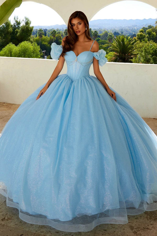 Juliet Glitter Tulle Off-Shoulder Quinceañera Ball Gown JT1487H - Rosa Apparel