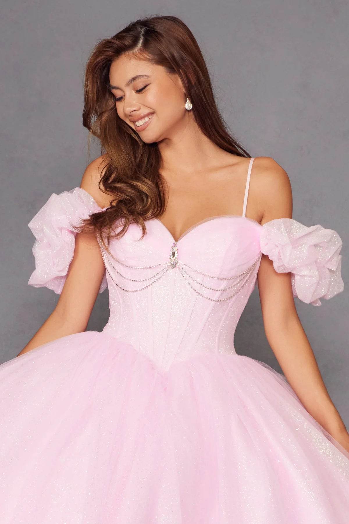 Juliet Glitter Tulle Off-Shoulder Quinceañera Ball Gown JT1487H - Rosa Apparel