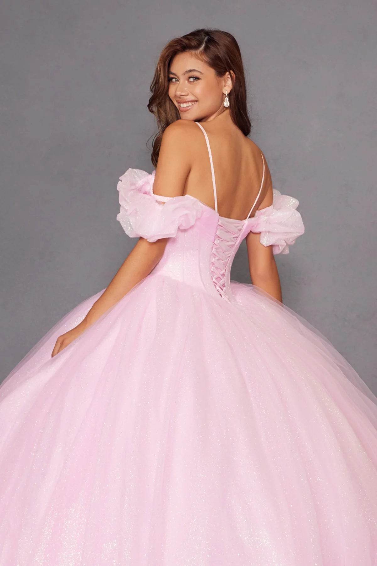 Juliet Glitter Tulle Off-Shoulder Quinceañera Ball Gown JT1487H - Rosa Apparel