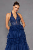 Juliet Halter Ruffled A-line Slit Gown JT2556S - Rosa Apparel