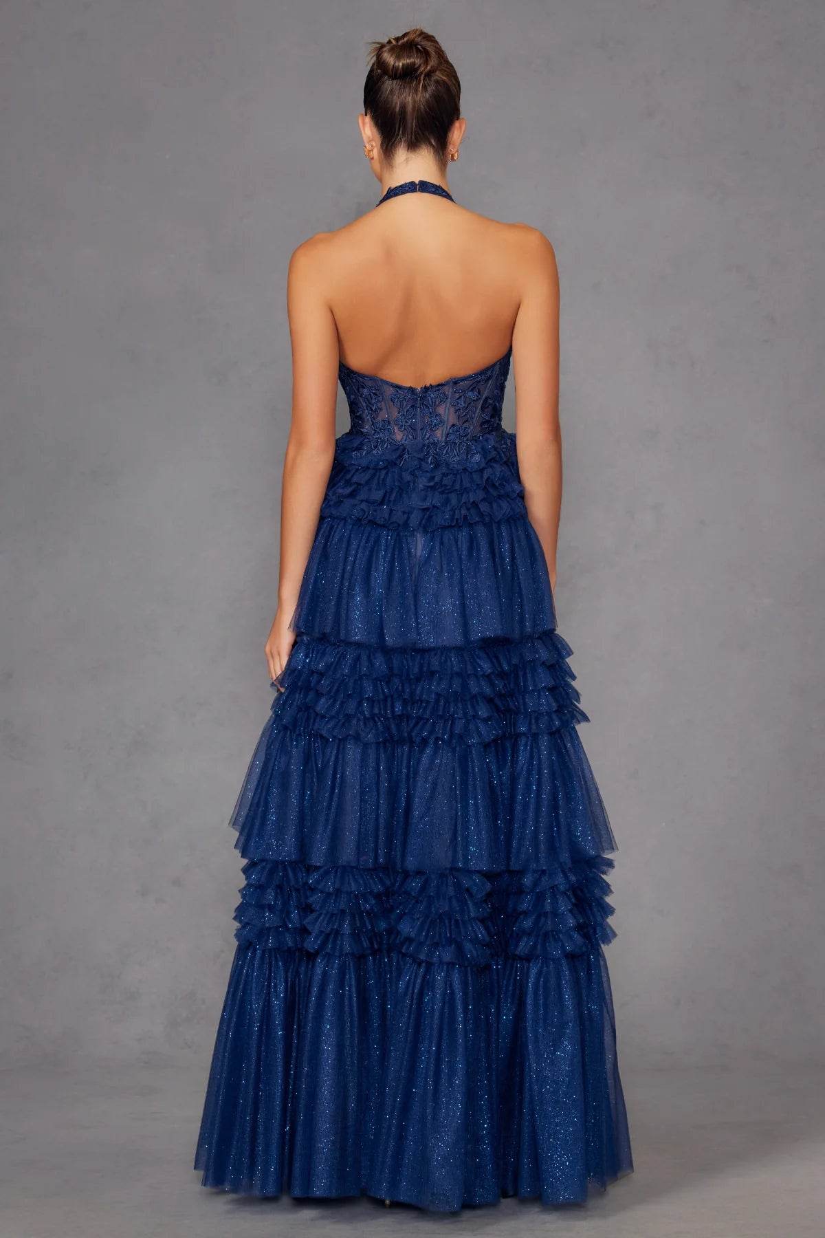 Juliet Halter Ruffled A-line Slit Gown JT2556S - Rosa Apparel