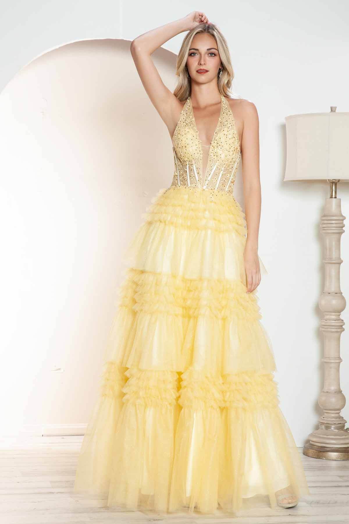 Juliet Halter Ruffled A-line Slit Gown JT2556S - Rosa Apparel