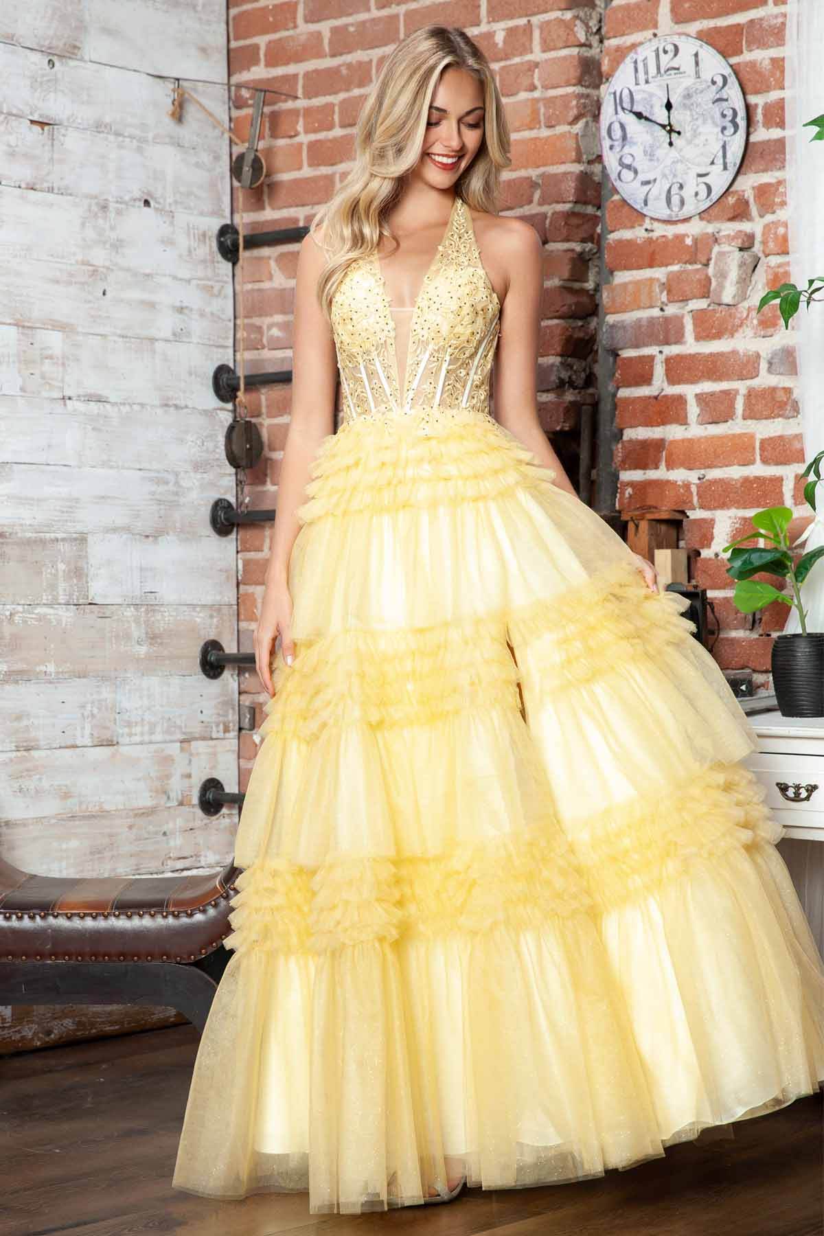 Juliet Halter Ruffled A-line Slit Gown JT2556S - Rosa Apparel