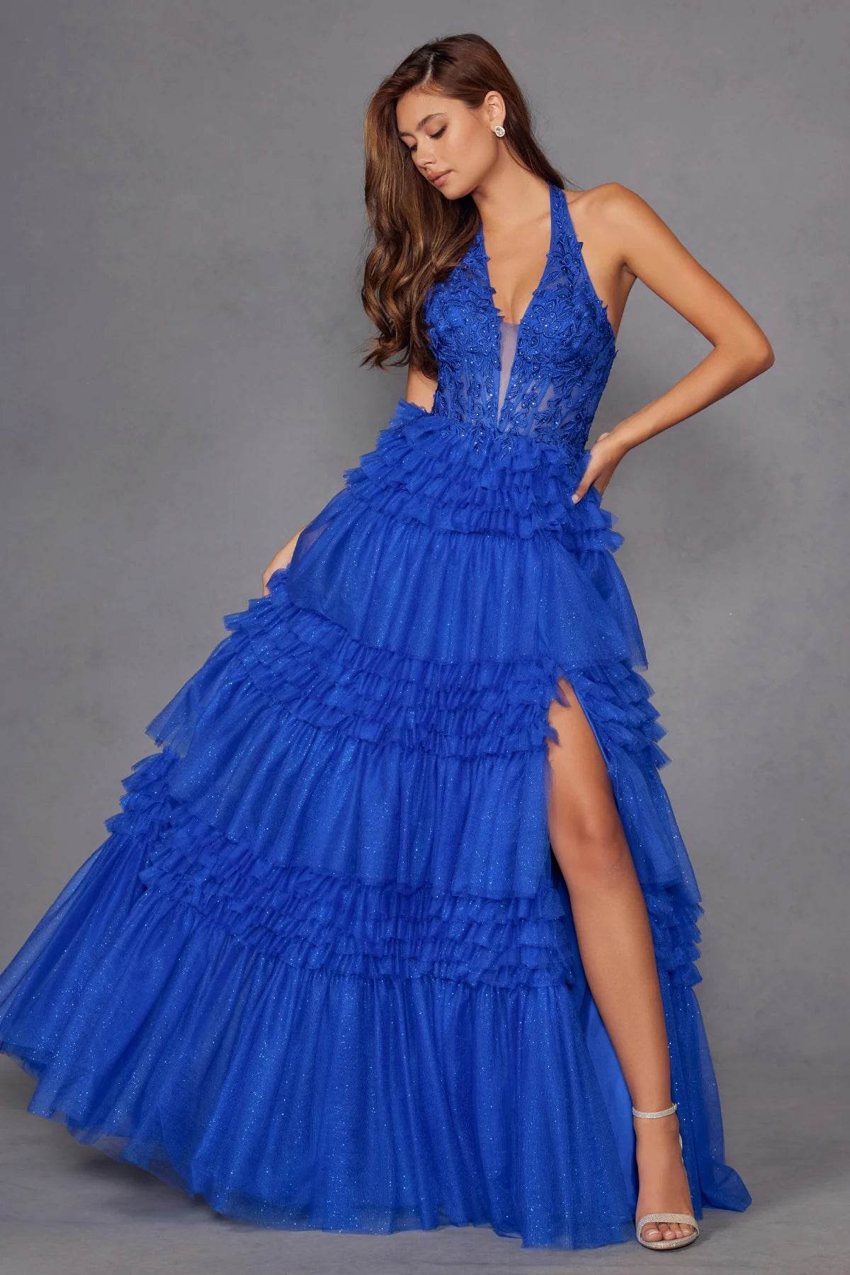 Juliet Halter Ruffled A-line Slit Gown JT2556S - Rosa Apparel
