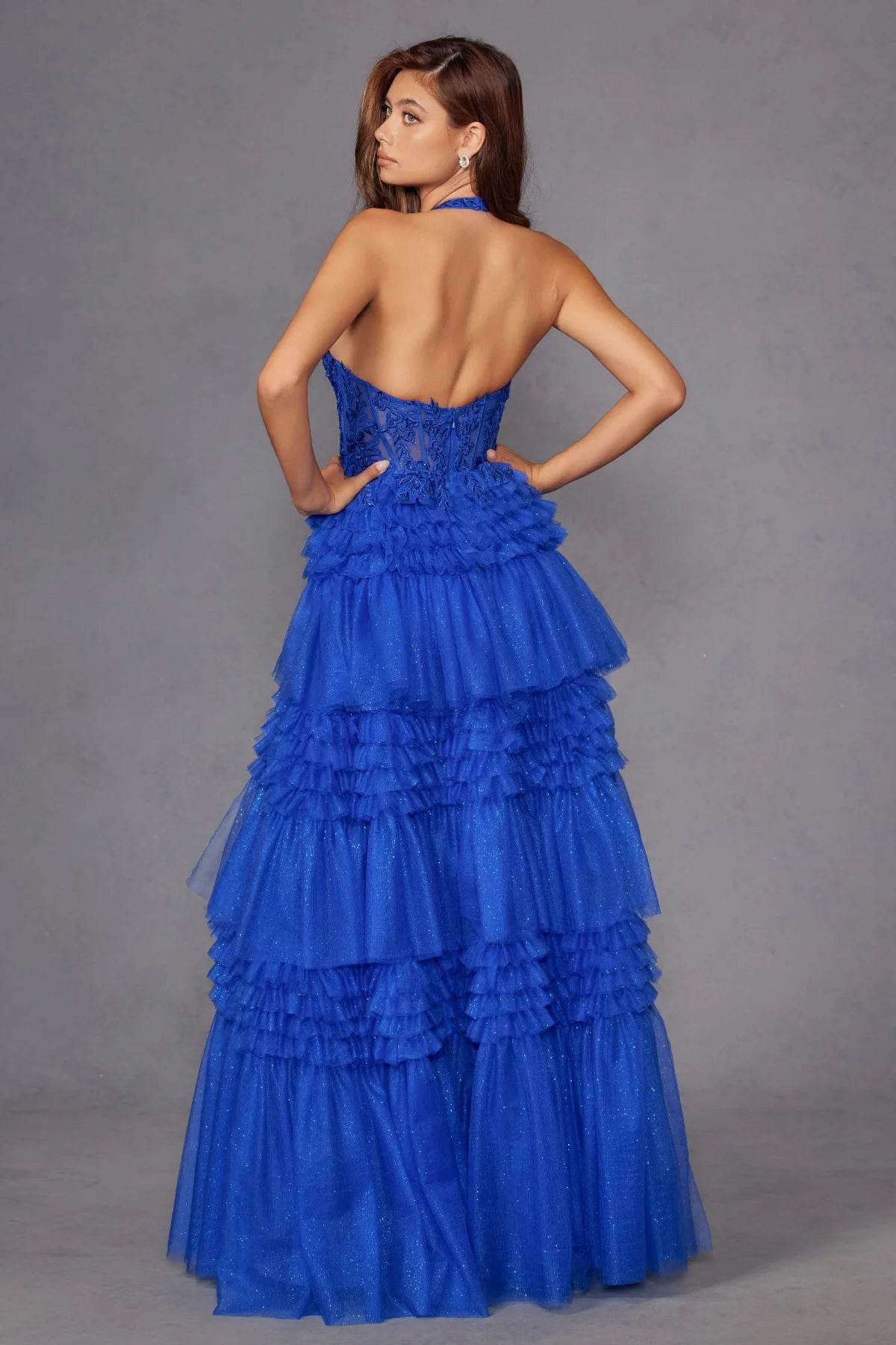 Juliet Halter Ruffled A-line Slit Gown JT2556S - Rosa Apparel