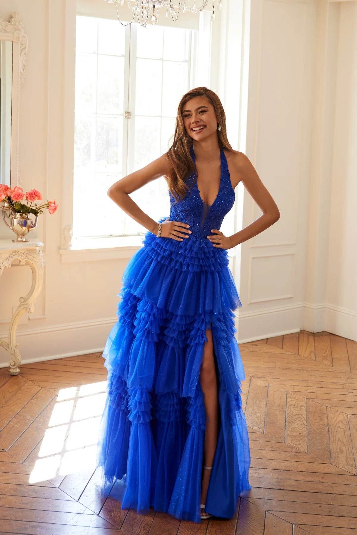 Juliet Halter Ruffled A-line Slit Gown JT2556S - Rosa Apparel