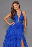 Juliet Halter Ruffled A-line Slit Gown JT2556S - Rosa Apparel