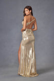 Juliet Stunning Iridescent Metallic One-Shoulder Slit Evening Gown JT2910H - Rosa Apparel