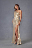 Juliet Stunning Iridescent Metallic One-Shoulder Slit Evening Gown JT2910H - Rosa Apparel