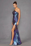 Juliet Stunning Iridescent Metallic One-Shoulder Slit Evening Gown JT2910H - Rosa Apparel