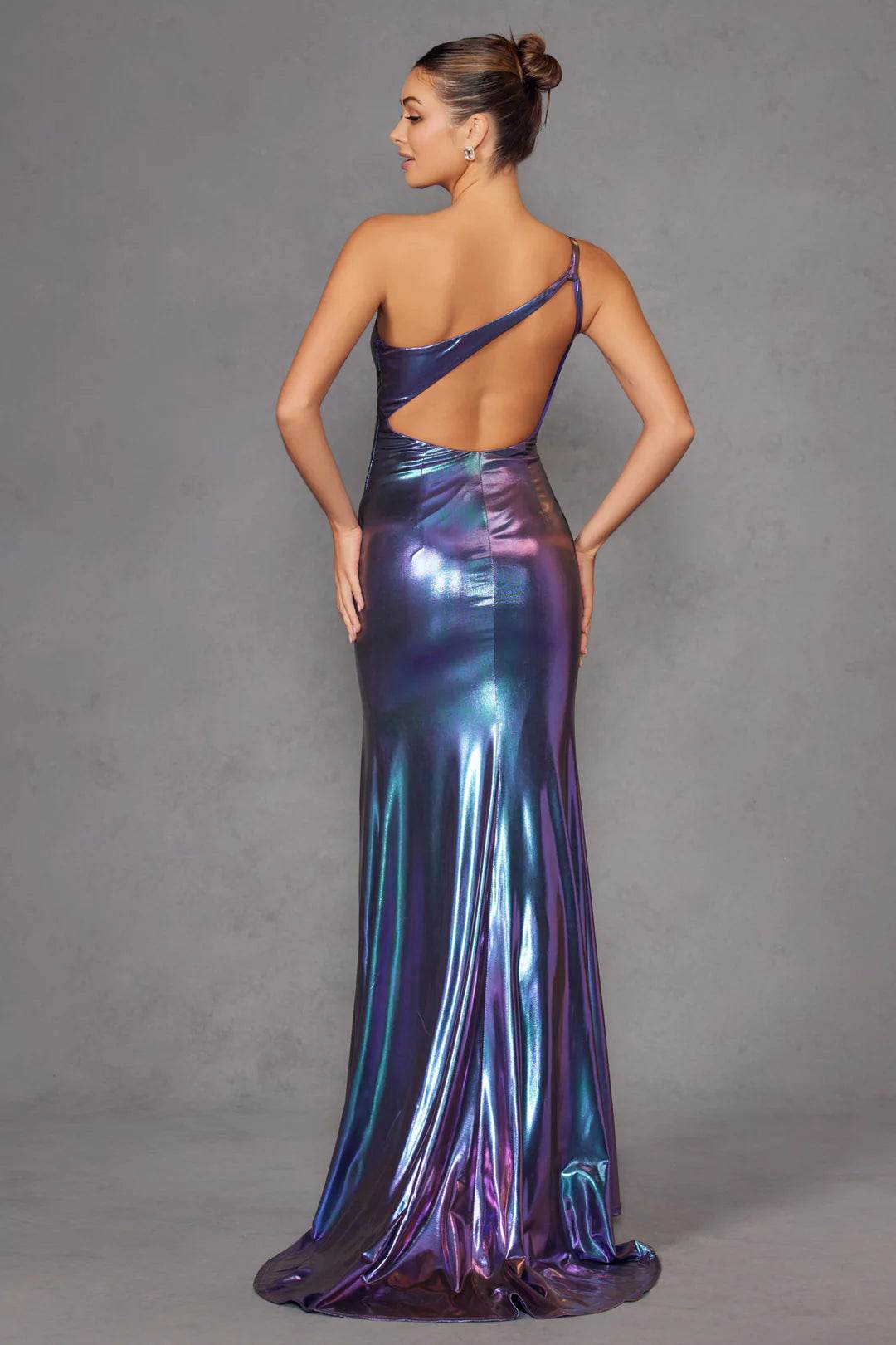 Juliet Stunning Iridescent Metallic One-Shoulder Slit Evening Gown JT2910H - Rosa Apparel
