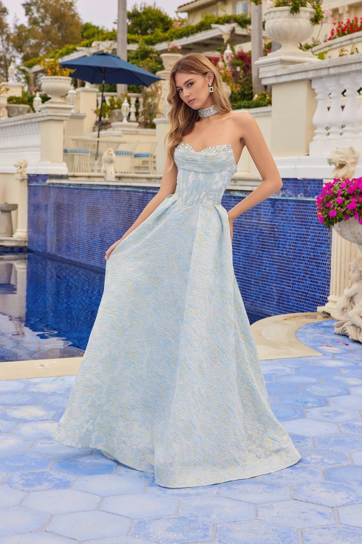 Juliet Jacquard Strapless Ball Gown with Structured Corset Bodice and Choker JT2693A Dusty Blue