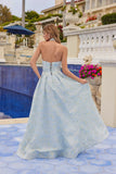 Juliet Jacquard Strapless Ball Gown with Structured Corset Bodice and Choker JT2693A Dusty Blue