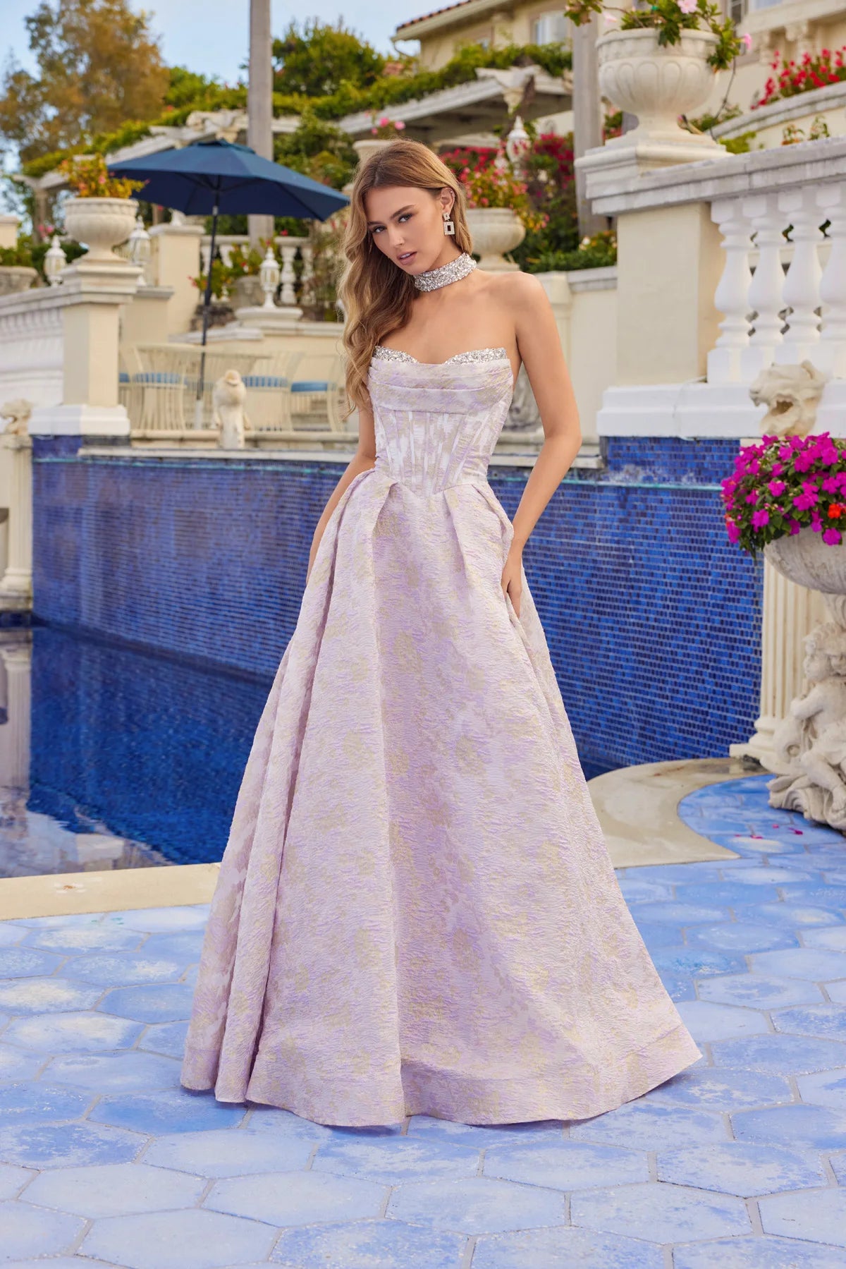 Juliet Jacquard Strapless Ball Gown with Structured Corset Bodice and Choker JT2693A Lilac