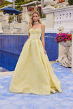 Juliet Jacquard Strapless Ball Gown with Structured Corset Bodice and Choker JT2693A Butter Yellow