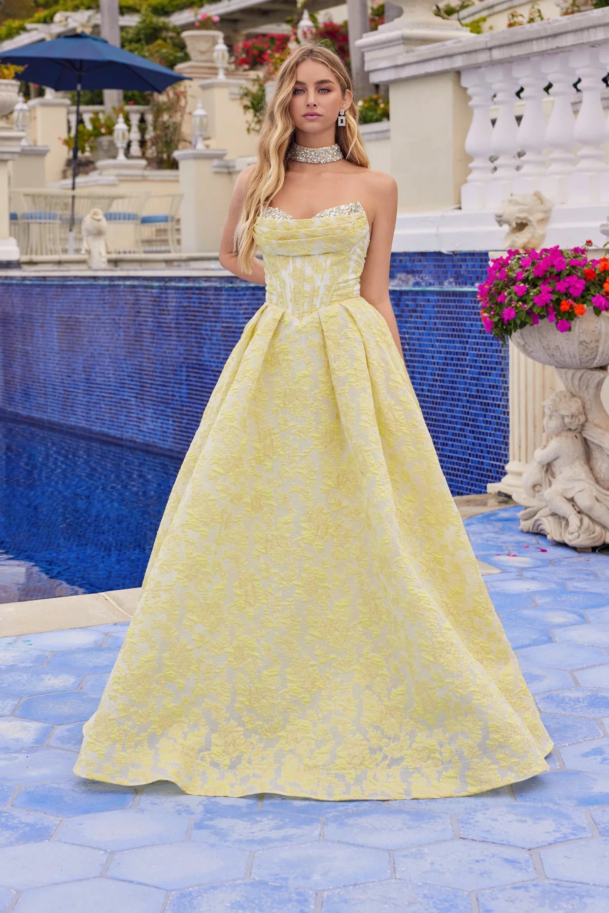 Juliet Jacquard Strapless Ball Gown with Structured Corset Bodice and Choker JT2693A Butter Yellow