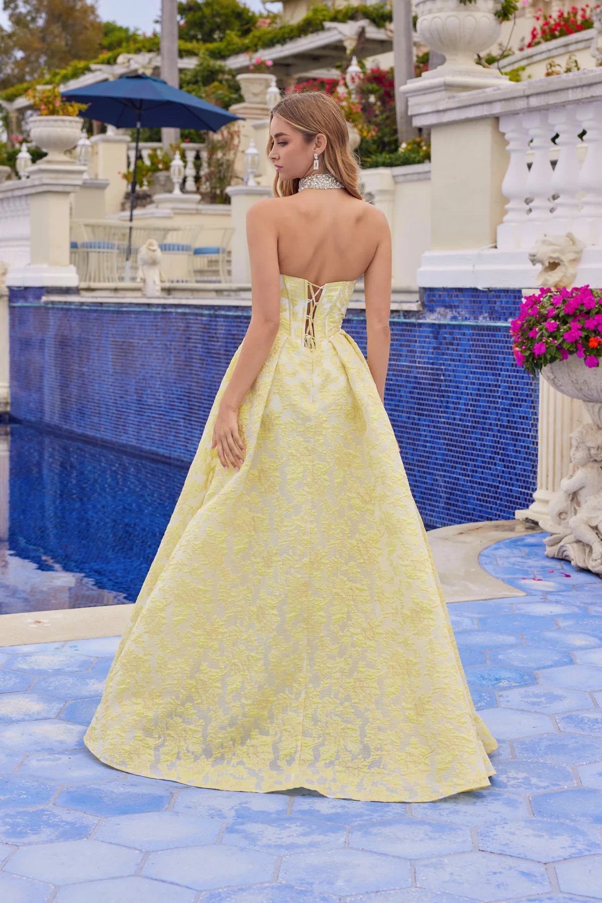 Juliet Jacquard Strapless Ball Gown with Structured Corset Bodice and Choker JT2693A Butter Yellow
