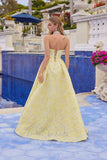 Juliet Jacquard Strapless Ball Gown with Structured Corset Bodice and Choker JT2693A Butter Yellow