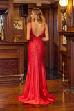 Juliet Jeweled Fitted Gown with V-Neckline and Front Slit JT2619U Red