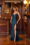 Juliet Jeweled Fitted Gown with V-Neckline and Front Slit JT2619U Teal