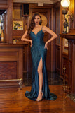 Juliet Jeweled Fitted Gown with V-Neckline and Front Slit JT2619U Teal