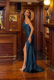 Juliet Jeweled Fitted Gown with V-Neckline and Front Slit JT2619U Teal