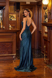 Juliet Jeweled Fitted Gown with V-Neckline and Front Slit JT2619U Teal