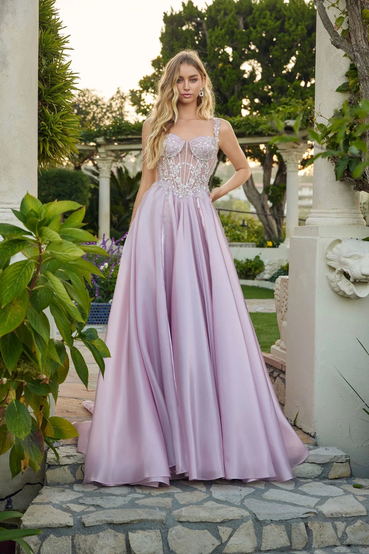 Juliet Liquid Satin A-Line Gown with Structured Corset and Floral Waistband JT2639G Rose