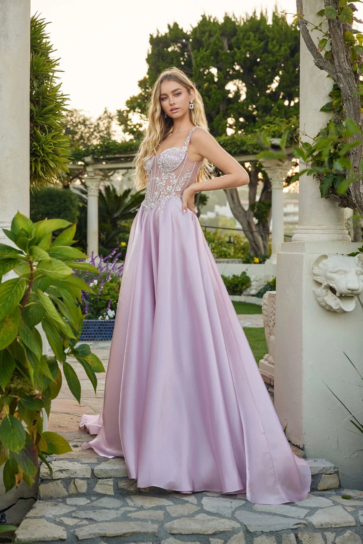 Juliet Liquid Satin A-Line Gown with Structured Corset and Floral Waistband JT2639G Rose