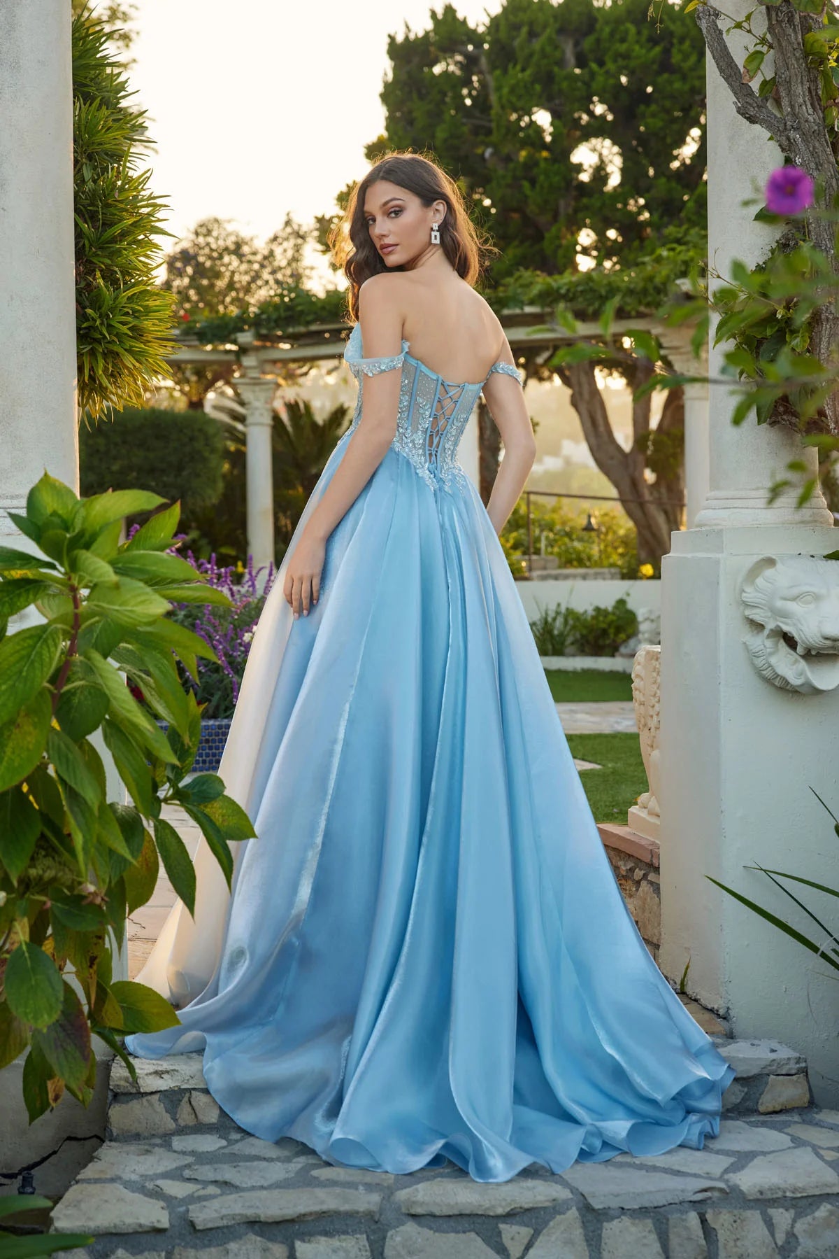 Juliet Liquid Satin A-Line Gown with Structured Corset and Floral Waistband JT2639G Dusty Blue