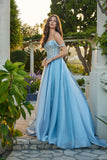 Juliet Liquid Satin A-Line Gown with Structured Corset and Floral Waistband JT2639G Dusty Blue