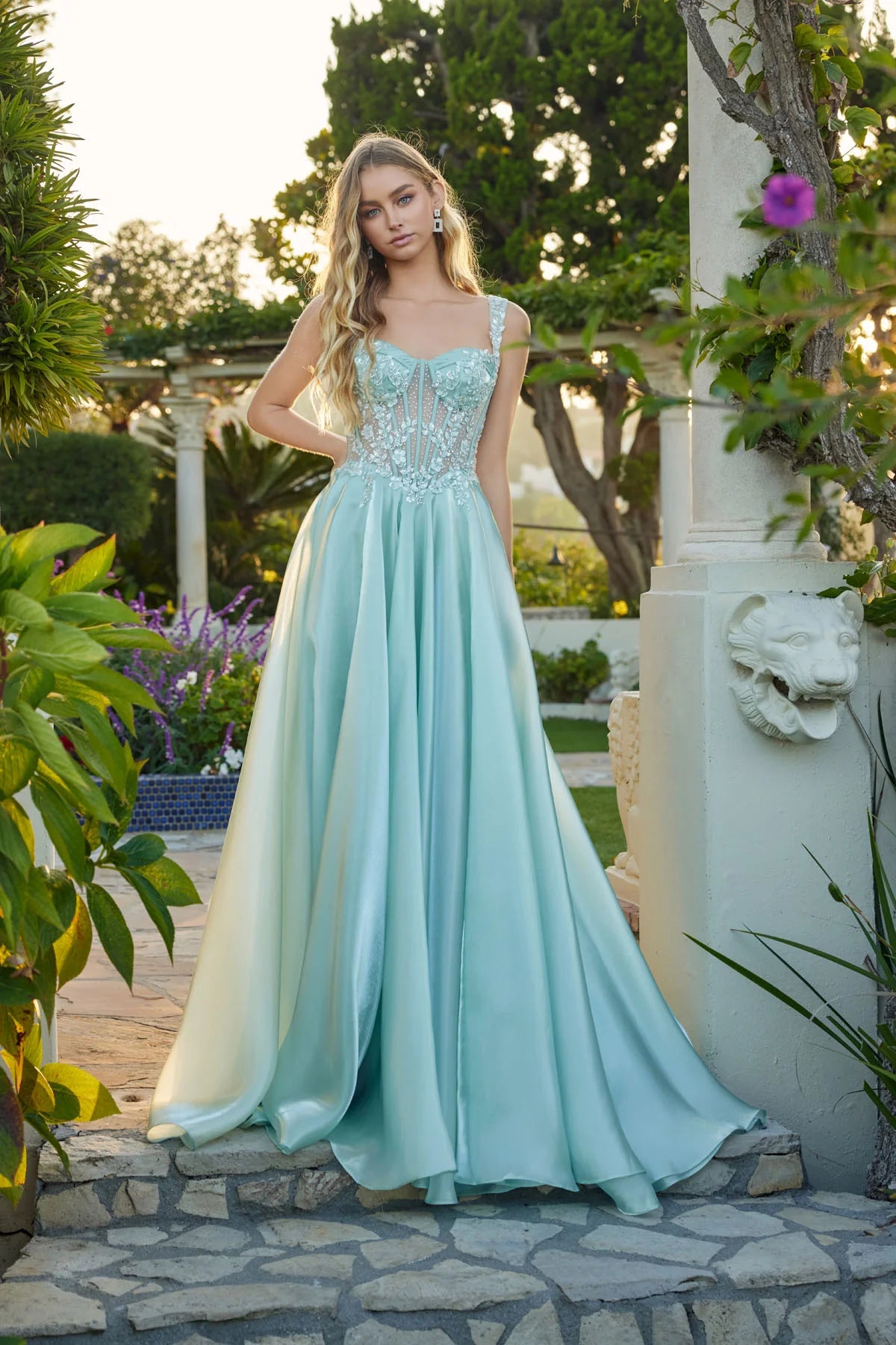 Juliet Liquid Satin A-Line Gown with Structured Corset and Floral Waistband JT2639G Sage Green