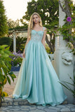 Juliet Liquid Satin A-Line Gown with Structured Corset and Floral Waistband JT2639G Sage Green