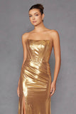 Juliet Luxe Metallic Strapless Slit Evening Gown JT2500A - Rosa Apparel