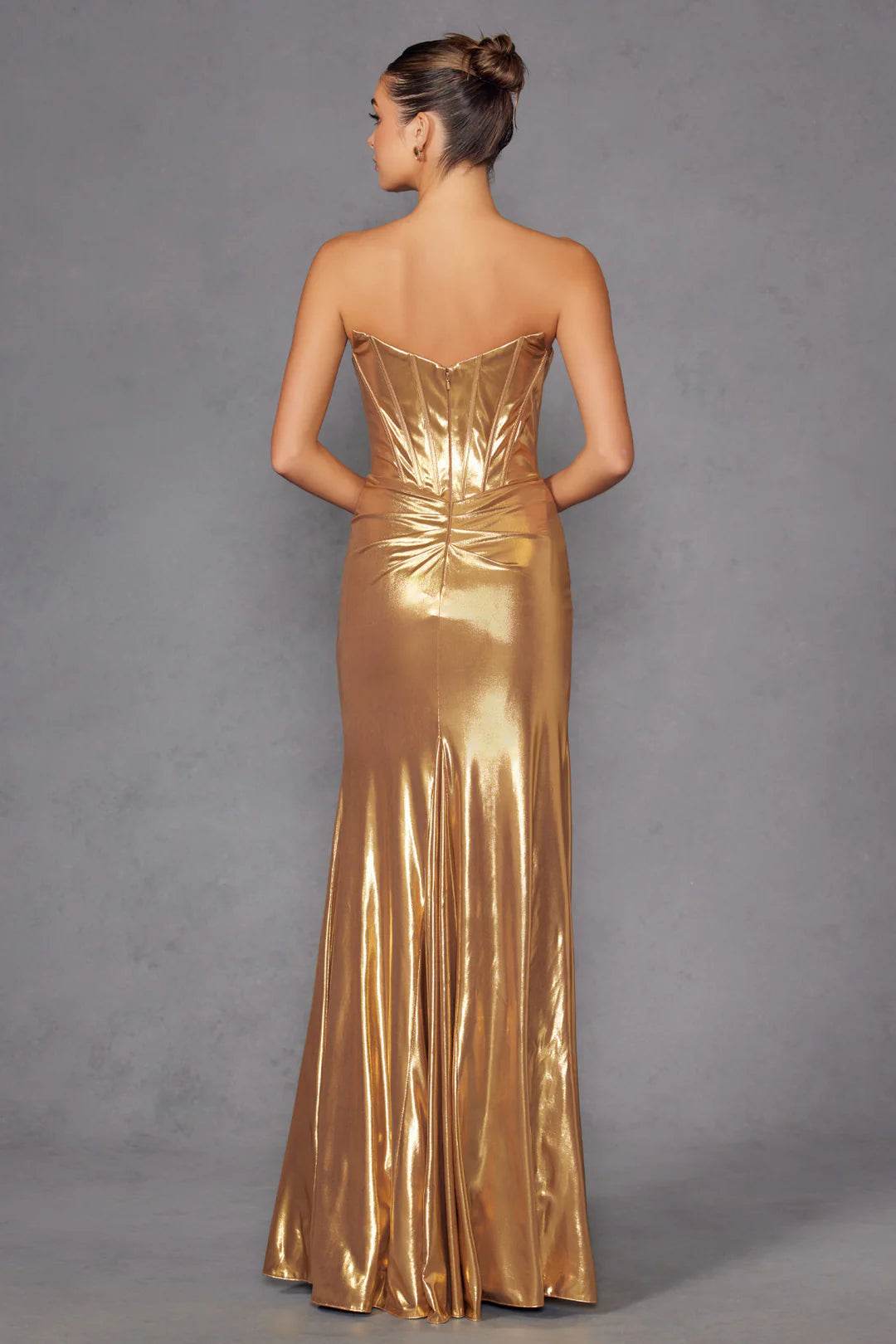 Juliet Luxe Metallic Strapless Slit Evening Gown JT2500A - Rosa Apparel