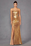 Juliet Luxe Metallic Strapless Slit Evening Gown JT2500A - Rosa Apparel