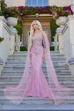 Juliet Mermaid Beaded Gown with Detachable Choker Cape JT2649K Rose