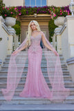 Juliet Mermaid Beaded Gown with Detachable Choker Cape JT2649K Rose