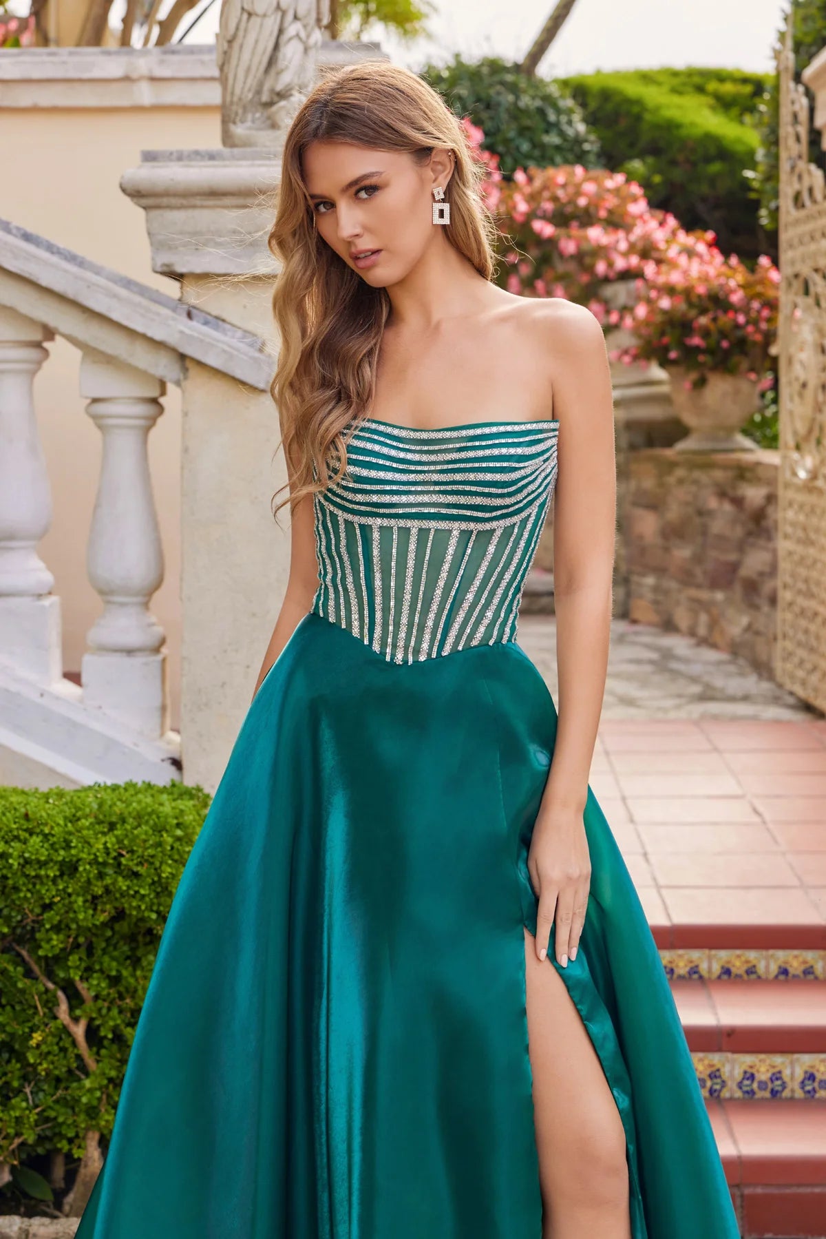 Juliet Moonlight Organza Corset Gown with Front Slit JT2663S