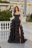 Juliet Moonlight Organza Strapless Layered Gown with Tiered Ruffle Skirt JT2664S Black