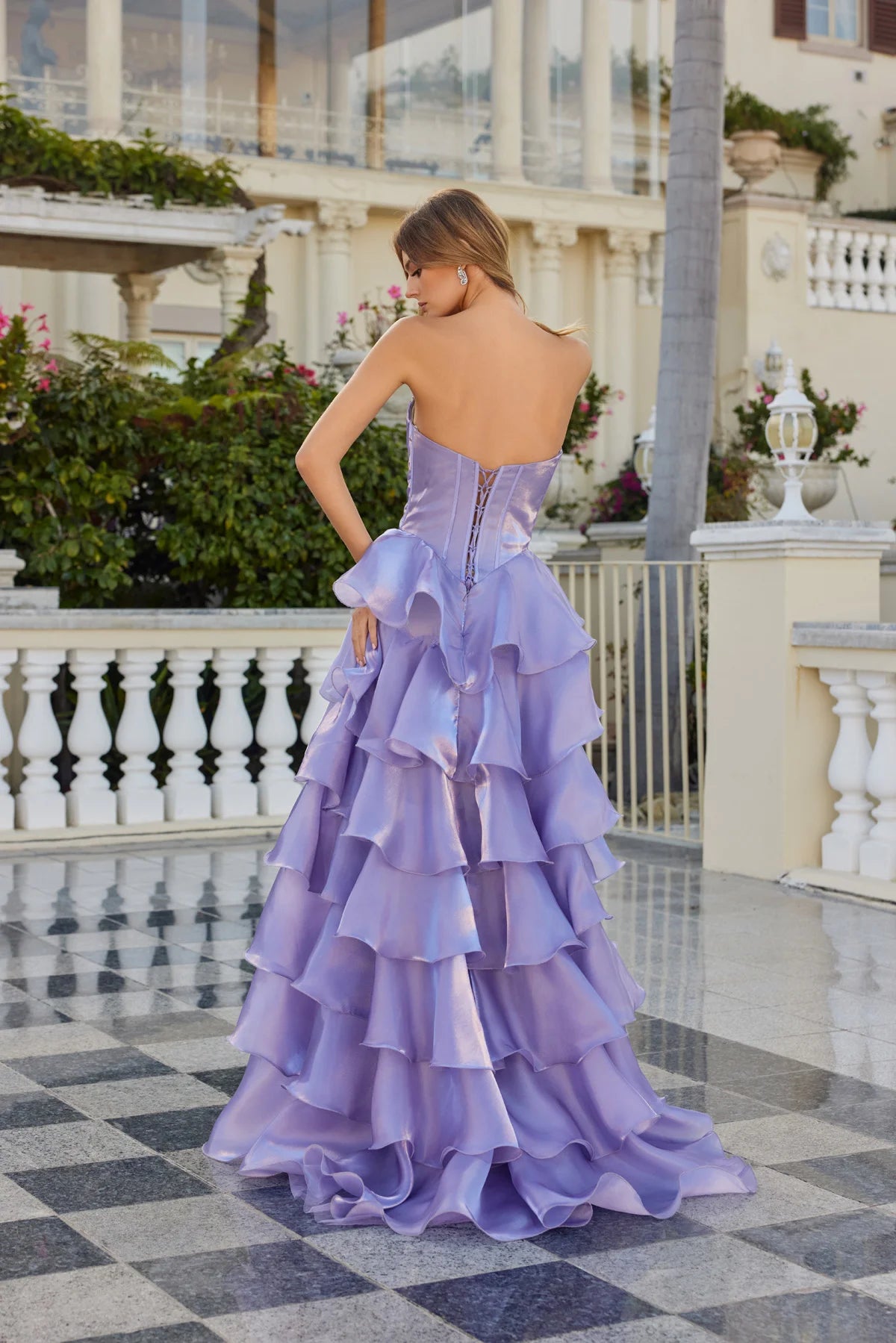 Juliet Moonlight Organza Strapless Layered Gown with Tiered Ruffle Skirt JT2664S Purple