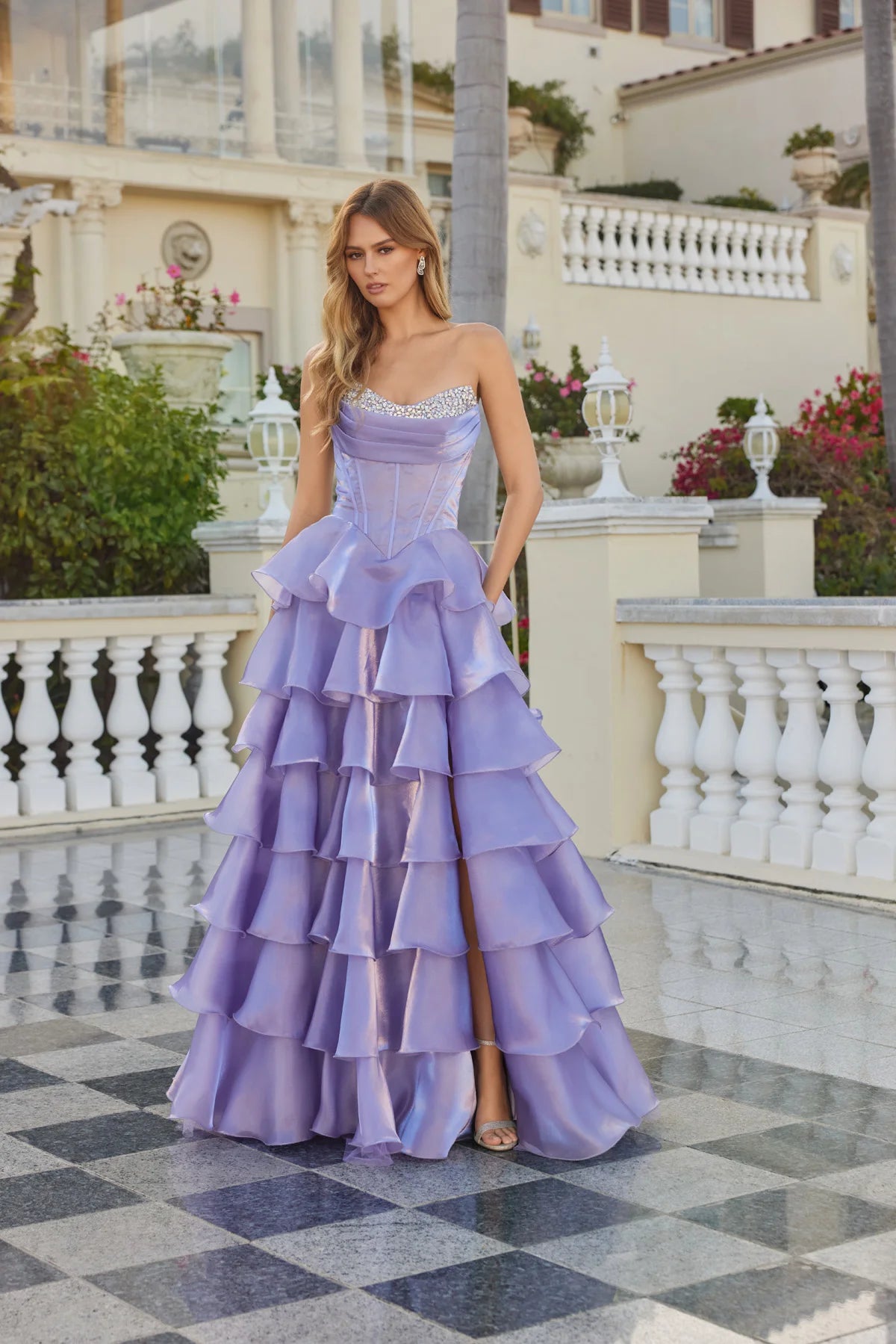 Juliet Moonlight Organza Strapless Layered Gown with Tiered Ruffle Skirt JT2664S Purple