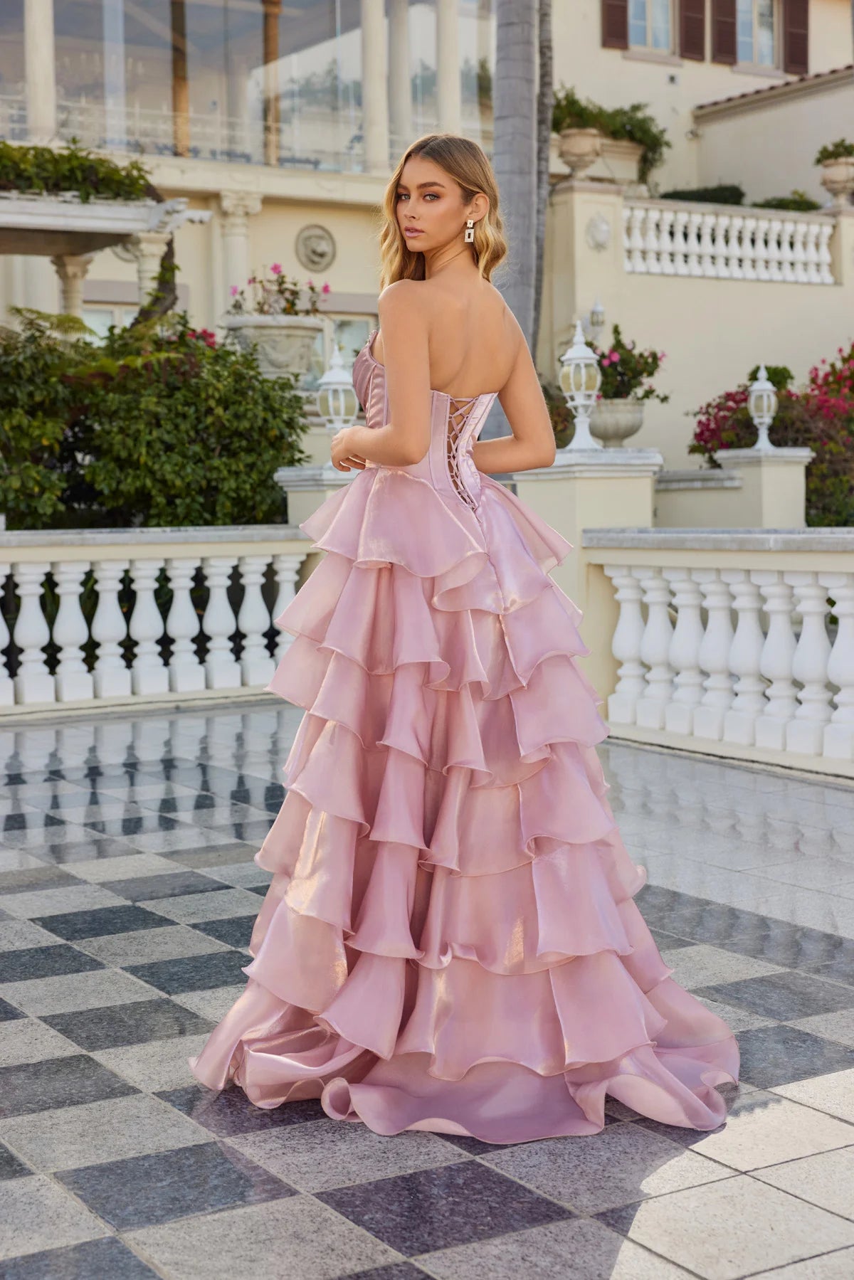 organza dress pink Pink Floral-Print Corset Prom Dress: La Femme 32686 Pink / 00