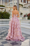 Juliet Moonlight Organza Strapless Layered Gown with Tiered Ruffle Skirt JT2664S Pink