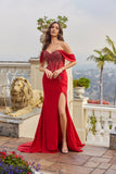 Juliet Off-Shoulder Sweetheart Neckline Gown with Draped Skirt JT2643K Red