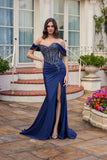 Juliet Off-Shoulder Sweetheart Neckline Gown with Draped Skirt JT2643K Navy Blue