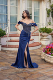 Juliet Off-Shoulder Sweetheart Neckline Gown with Draped Skirt JT2643K Navy Blue