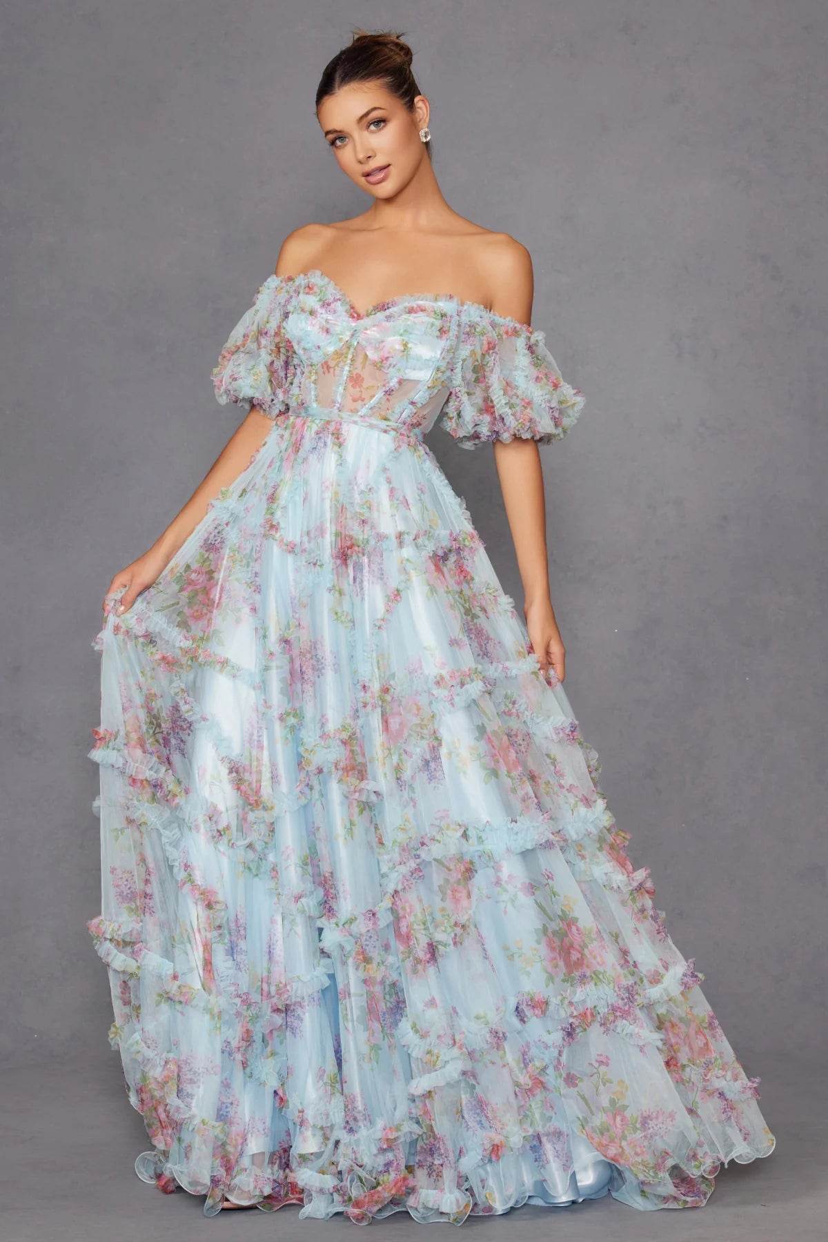 Juliet Print Off Shoulder Ruffled Gown JT2887C - Rosa Apparel