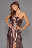 Juliet Radiant Metallic Halter Neck A-Line Prom Dress JT2503A - Rosa Apparel