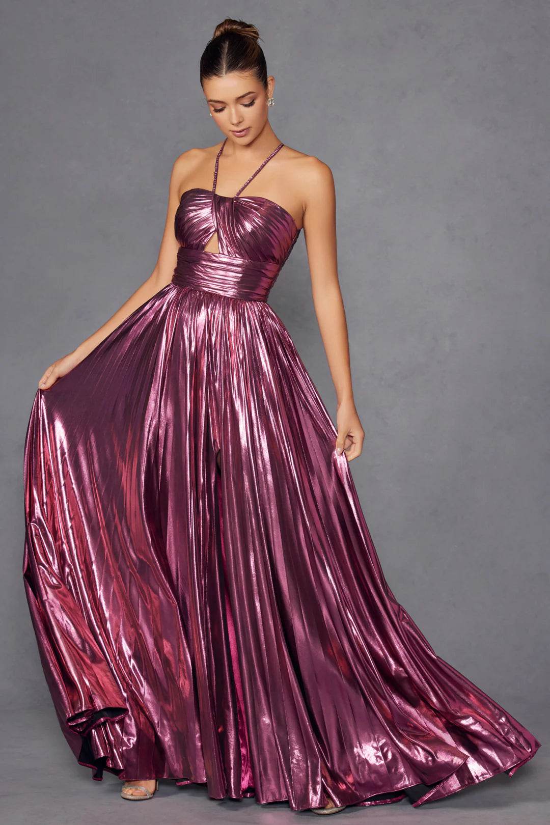 Juliet Radiant Metallic Halter Neck A-Line Prom Dress JT2503A - Rosa Apparel